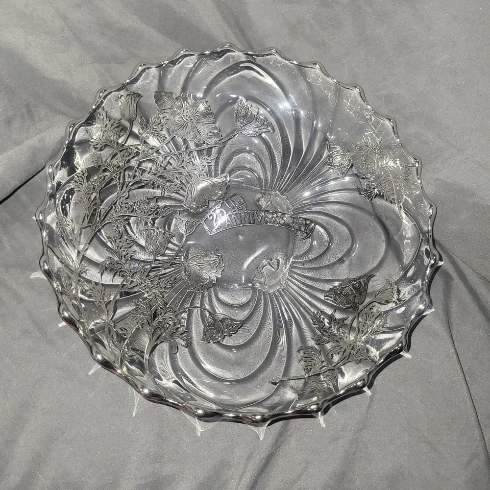 Sterling Silver Overlay 4 Footed Scalloped Edge Round Bowl 25th Anniversary